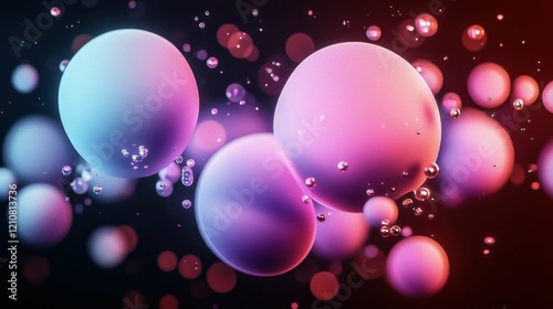 Vibrant spheres floating in a dark background, glowing softly with shades of pink, purple, and blue. Bubbles surround the spheres, enhancing their shine.
