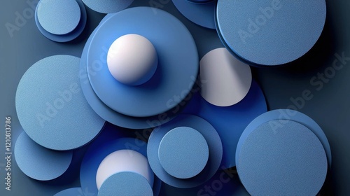 An intricate design of blue geometric shapes and spheres displaying a futuristic aesthetic. The composition highlights depth through shadow effects.