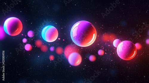 A captivating arrangement of glowing spheres drifting in a cosmic space, featuring vibrant pink, blue, and purple colors. An abstract representation.