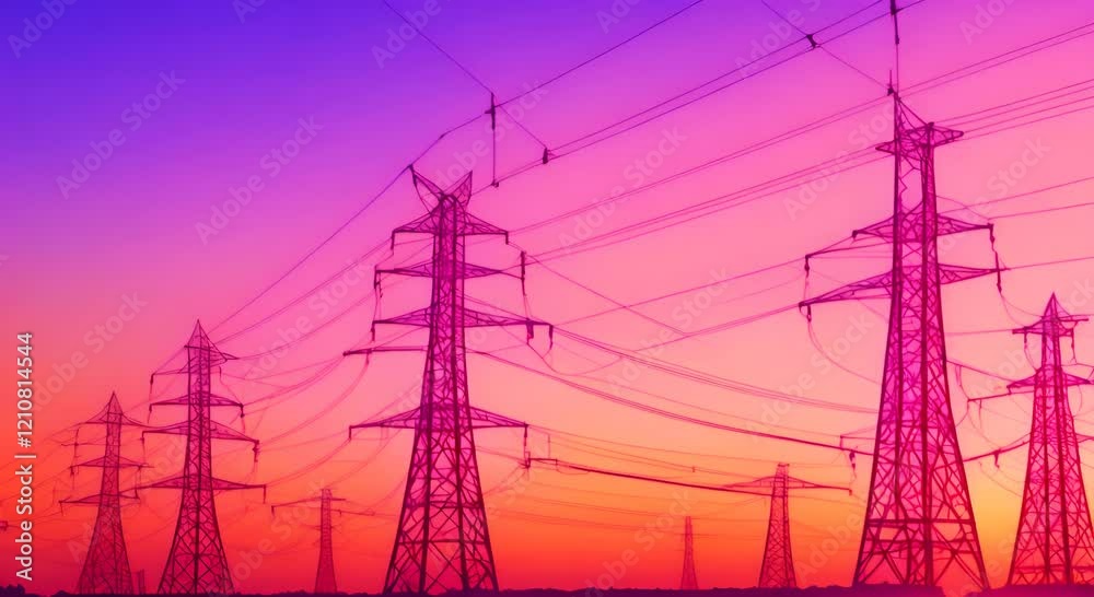 Electric towers lined up against a vibrant sunset with the sky painted in shades of orange pink and purple 4K Electric towers lined up against a vibrant sunset with the sky painted in shades of orange pink and purple 4K