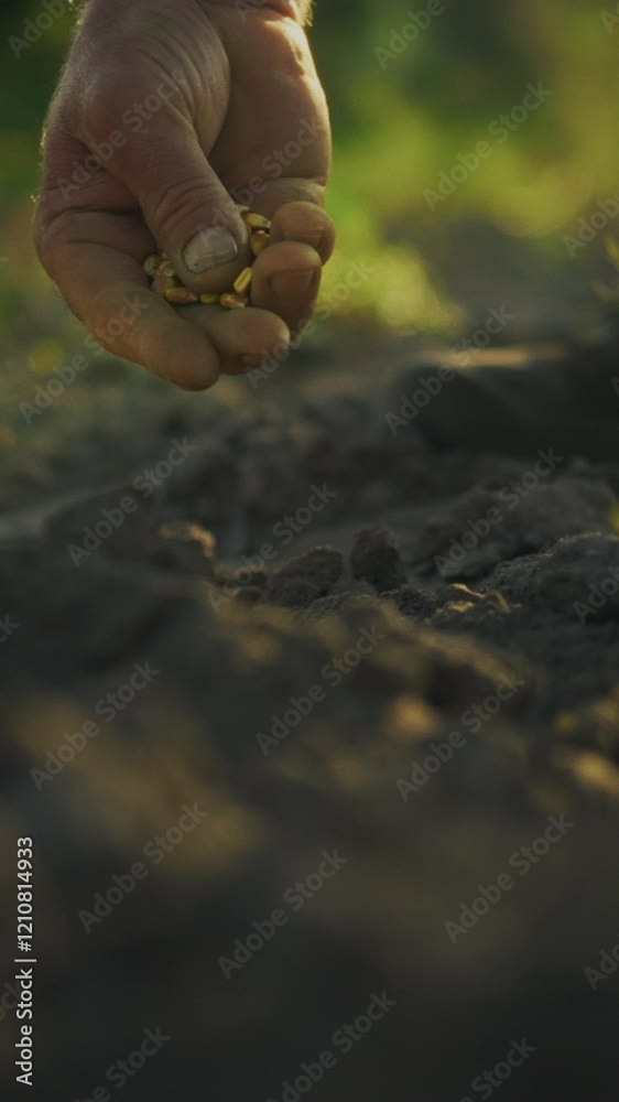 A hand gently scatters seeds into rich, dark soil during the golden hour of sunset. The warm light enhances the earthy tones, depicting the agricultural activity of planting A hand gently scatters seeds into rich, dark soil during the golden hour of sunset. The warm light enhances the earthy tones, depicting the agricultural activity of planting