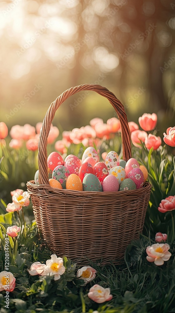 Colorful Easter eggs in a woven basket surrounded by blooming flowers at golden hour