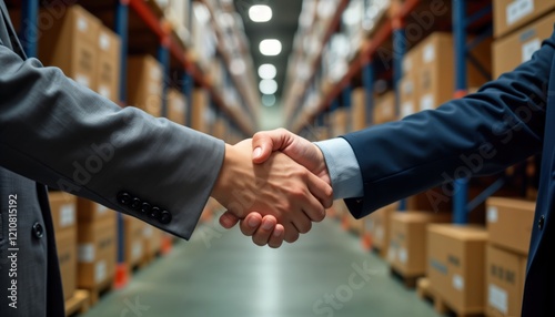 Businesspeople shaking hands in warehouse. Business deal agreed upon. Large company secures better supplier agreement. Negotiation successful. Logistics, distribution improved. Efficiency enhanced.