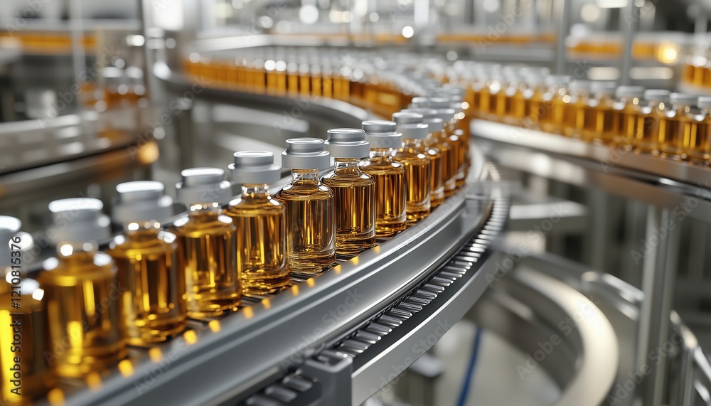 Automated Production Of Covid-19 Mrna Vaccines Using Clear Liquid In Glass Bottles On A Conveyor Belt In Pharmaceutical Manufacturing. Automated Production Of Covid-19 Mrna Vaccines Using Clear Liquid In Glass Bottles On A Conveyor Belt In Pharmaceutical Manufacturing.