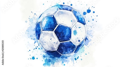 Watercolor painting of a soccer ball with blue and white hues and splatters.