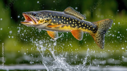 A speckled trout leaps from the water, mouth open, in a dynamic display of aquatic life. photo