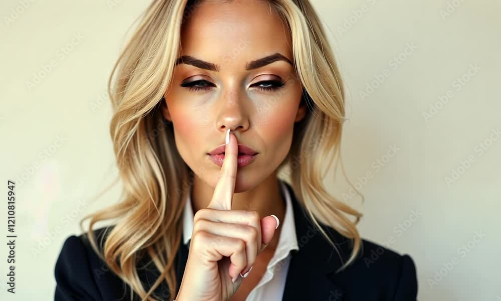 Businesswoman showing a sign of silence with her index finger, symbolizing confidentiality and quiet in a professional setting Businesswoman showing a sign of silence with her index finger, symbolizing confidentiality and quiet in a professional setting