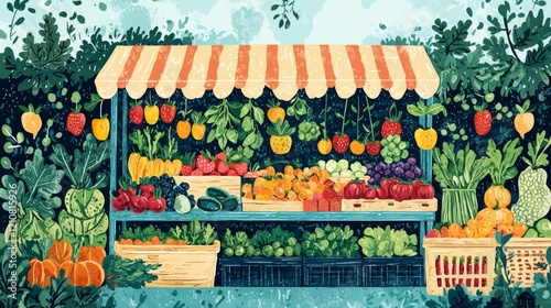 Wallpaper Mural Colorful farmers market stand illustration with vendor and produce Torontodigital.ca