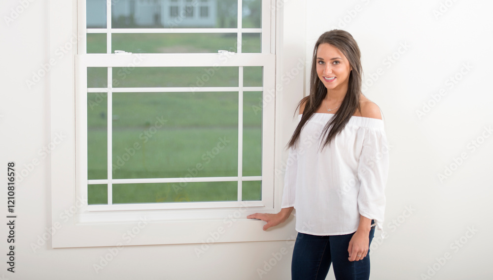 Stunning young Caucasian woman stands near window of home Stunning young Caucasian woman stands near window of home