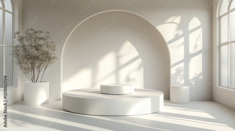 3D display of white round podiums with light and shadow interplay, minimalist geometric composition creating a refined backdrop for products 3D display of white round podiums with light and shadow interplay, minimalist geometric composition creating a refined backdrop for products