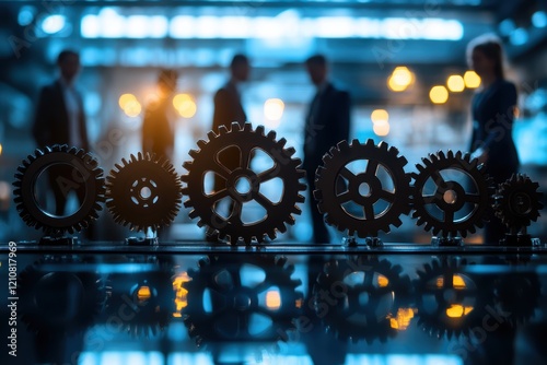 Gears of Industry. Silhouettes of a business team stand behind a row of cogwheels, symbolizing the collaborative effort and seamless operation of a thriving company.