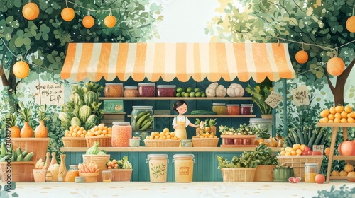 Charming farmers market illustration with colorful vendors and produce