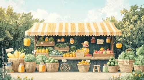Wallpaper Mural Charming farmers market illustration with colorful vendors and produce Torontodigital.ca