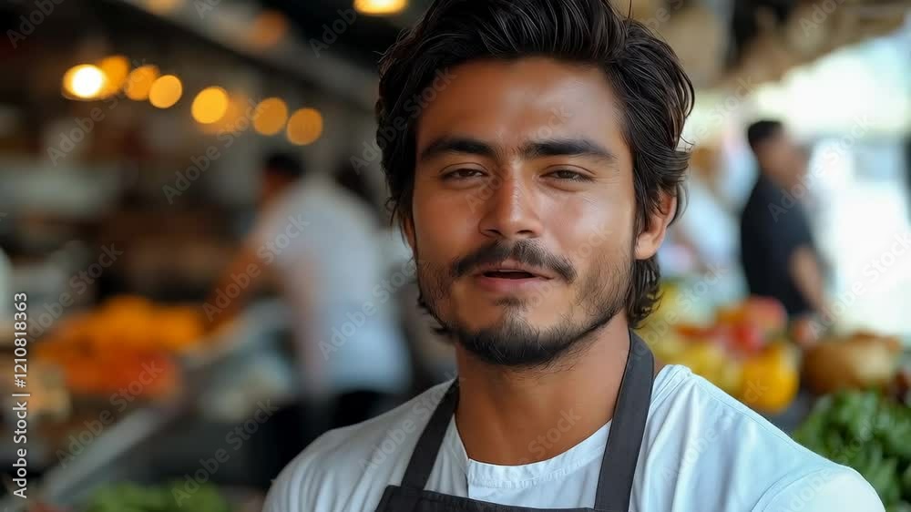 Joyful Chef Smiling Amidst Vibrant Market Produce Scene Joyful Chef Smiling Amidst Vibrant Market Produce Scene