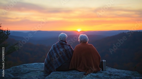 Two seniors enjoy a sunset view from a rocky outcrop in the mountains during early evening hours in autumn