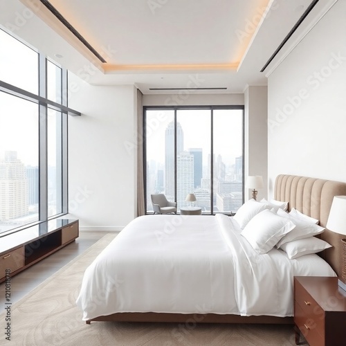 Luxury bedroom interior, plush velvet headboard, silk sheets, and a crystal chandelier. 