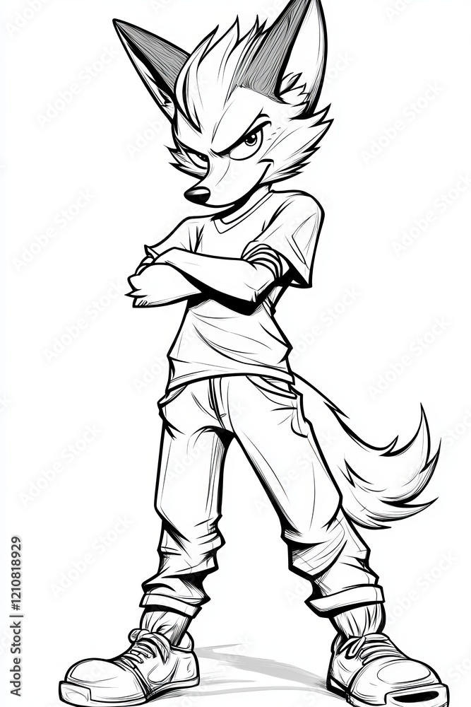 Fototapeta premium Stylized cartoon wolf character standing confidently with a casual outfit and expressive facial features.