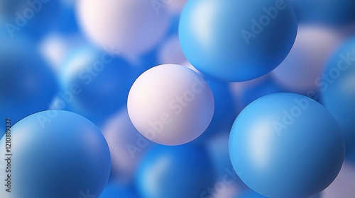 An array of blue and white spheres floating in a soft, blurred background creating a serene, modern atmosphere.