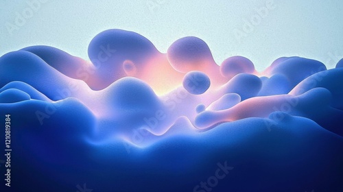 A captivating abstract digital artwork featuring soft, glowing shapes in blue and purple tones resembling a gentle wave or clouds.