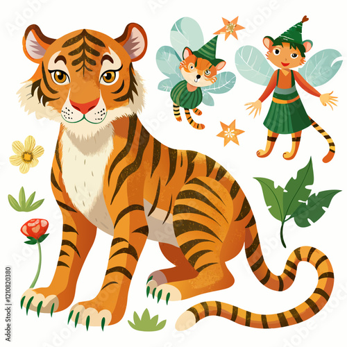 Fanciful Tiger & Fairies: A vibrant illustration of a majestic tiger surrounded by whimsical fairies and flowers, creating a playful and enchanting scene.