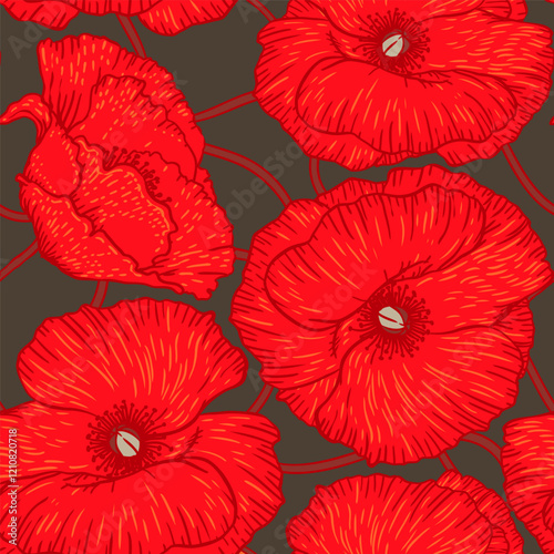 Art floral vector seamless pattern. Red poppies with orange leaves isolated o...