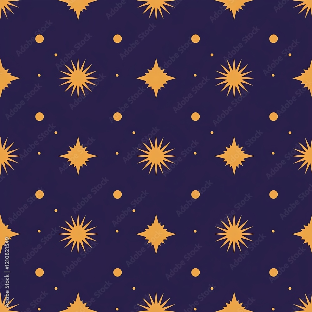 Fototapeta premium Golden Yellow Stars on Dark Purple Seamless Pattern