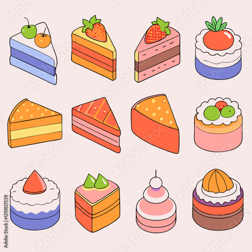 Delectable Cake Assortment: A mouthwatering array of various cake slices, each showcasing a unique combination of flavors, textures, and colorful, artistic presentation.