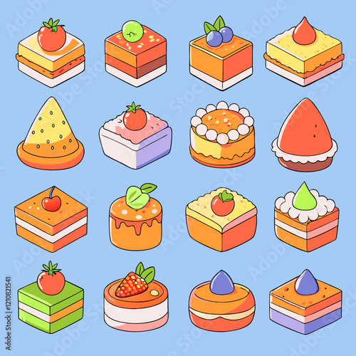Culinary Delights: A vibrant array of individual, artistically decorated cakes, each a miniature masterpiece. Featuring variety of delightful flavors and designs, set against a calming backdrop.