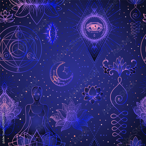 Sacred Geometry seamless pattern. Hindu symbols of wisdom and path to perfect...