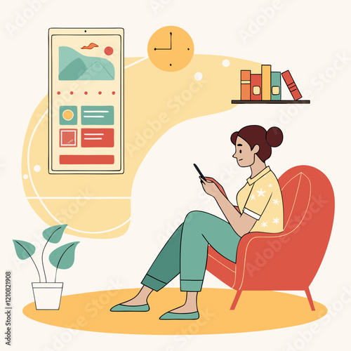 Cartoon vector of a young person working on a phone and tablet