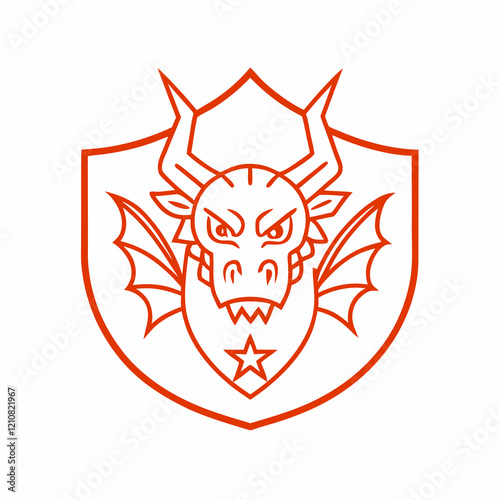 Angry dragon head logo with shield emblem, red vector design