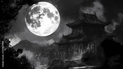 Monochrome moonlit temple scene. Moonlit Temple. Illustration