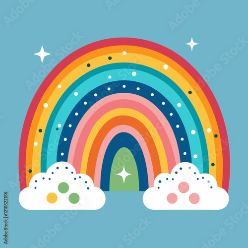 Colorful rainbow with flowers in a bright spring landscape