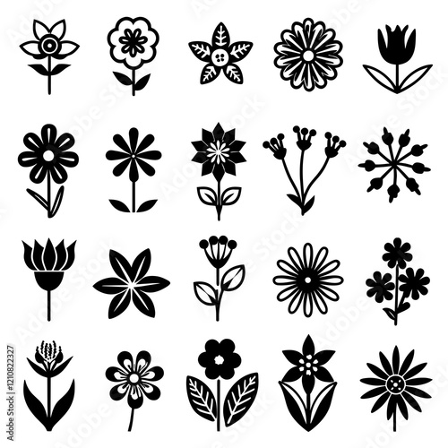 Icon set of black and white flowers