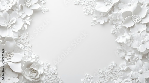 White floral design, frame,  background,  empty space.  Use for wedding, invitation, or greeting card design