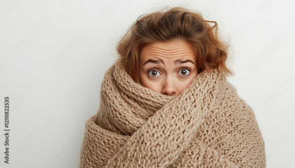 Adorable Female Trying To Warm Up After Walk In Frosty Weather: Horizontal Shot Of Pretty Young Woman Wrapped In Wool Coverlet Adorable Female Trying To Warm Up After Walk In Frosty Weather: Horizontal Shot Of Pretty Young Woman Wrapped In Wool Coverlet
