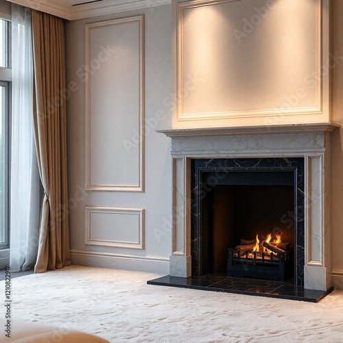 Luxury bedroom interior focused on a fireplace with a marble mantle, plush carpet, and subtle ambient lighting.