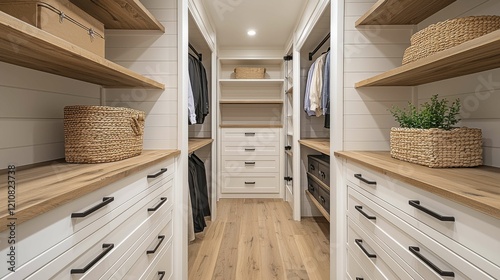 A stylish minimalist dressing room featuring neutral colors, wooden shelves, and a clutter-free aesthetic, ideal for organization and elegance. photo