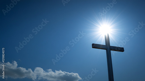 Sunlit Cross Against Blue Sky Symbolizing Faith and Hope in a Peaceful Natural Setting : Generative AI photo