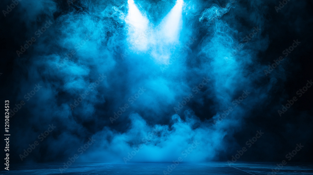 Fototapeta premium Illuminated stage with scenic lights and smoke. Blue spotlight with smoke volume light effect on black background. Stadium cloudiness projector