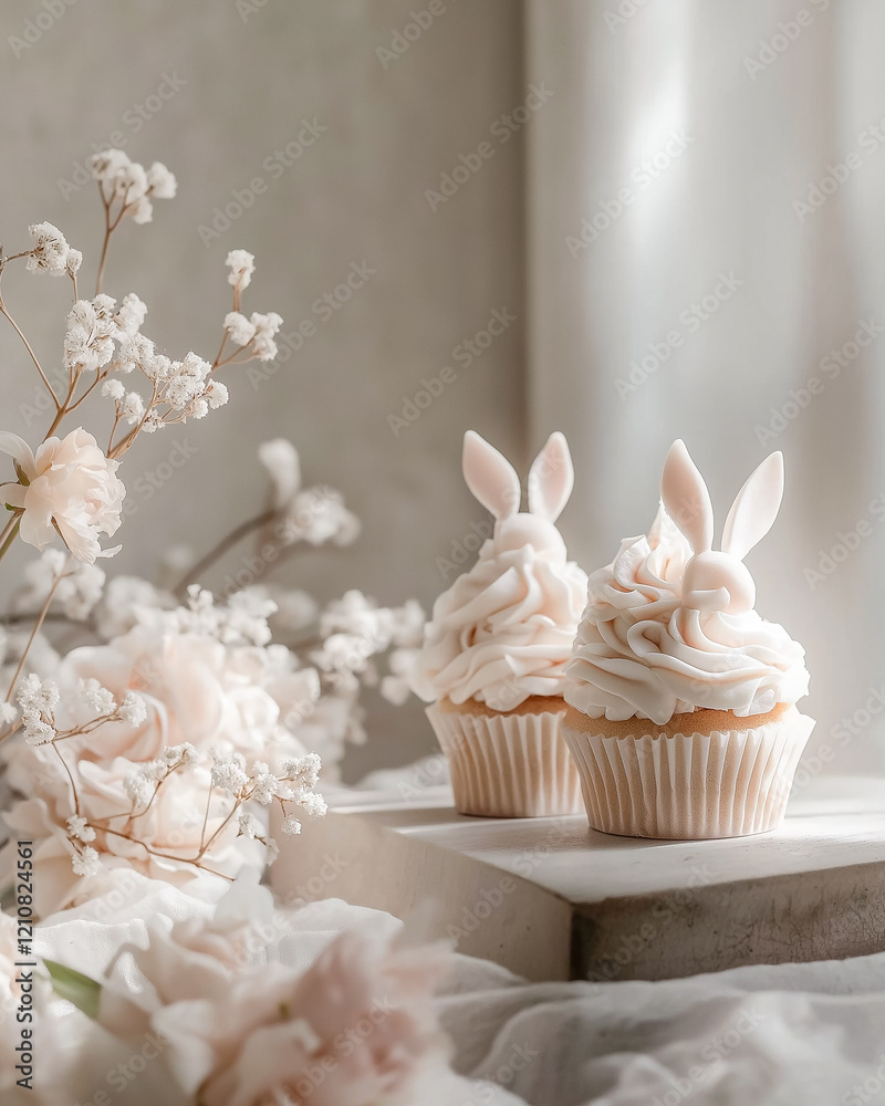 Fototapeta premium Bunny Ear Cupcakes with Spring Decor