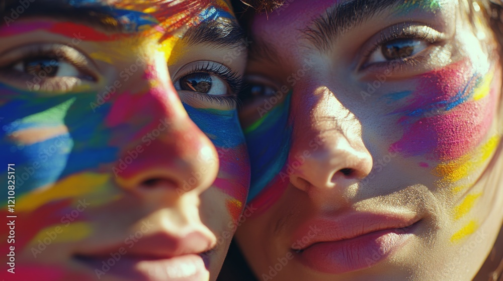 Obraz premium Two young people with faces adorned with vibrant rainbow coloured paint. Close-up of two people's faces in an outdoor setting.
