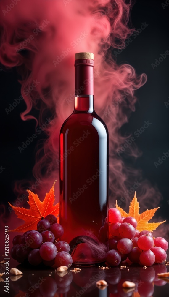 Obraz premium Elegant red wine bottle surrounded by smoke, red grapes. Autumn leaves add visual appeal. Luxurious display for special occasion romantic dinner. Wine bottle with smooth surface, intense color. Fresh