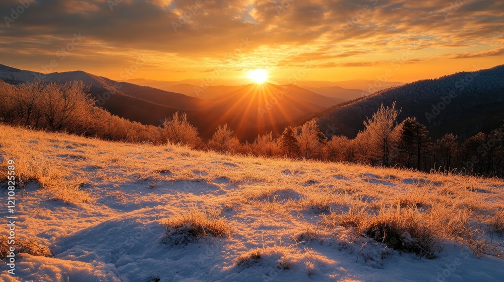 sunrise over mountain landscape with snow, warm golden hues, peaceful and majestic, high detail sunrise over mountain landscape with snow, warm golden hues, peaceful and majestic, high detail