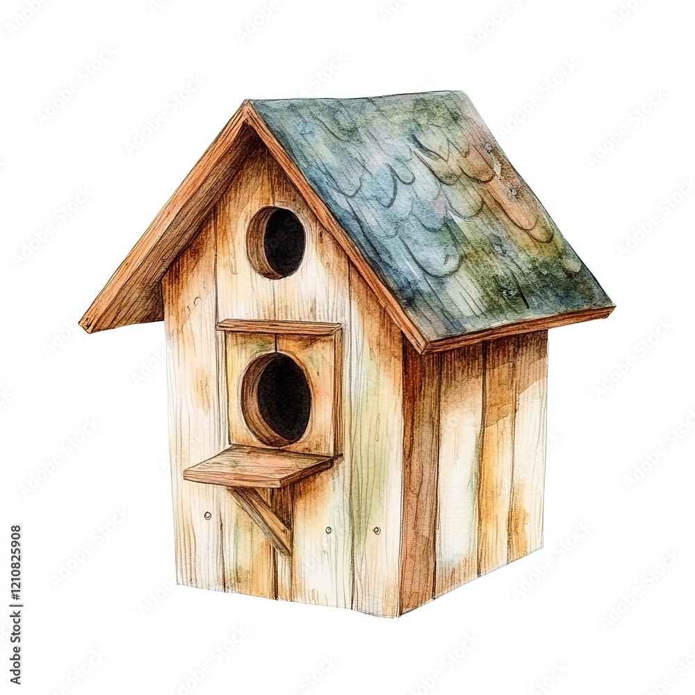 Watercolor depiction of a charming birdhouse showcasing intricate texture and vivid colors, presented against a clean white backdrop, perfect for nature lovers Watercolor depiction of a charming birdhouse showcasing intricate texture and vivid colors, presented against a clean white backdrop, perfect for nature lovers
