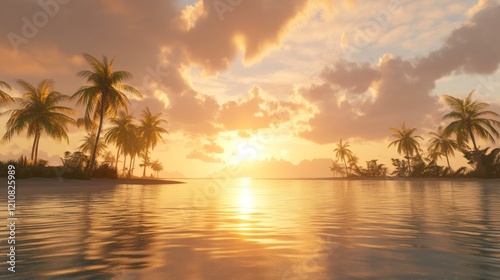 Sunset over a palm tree beach, golden light reflecting on calm water, tropical and peaceful, serene and detailed, high resolution, warm and inviting