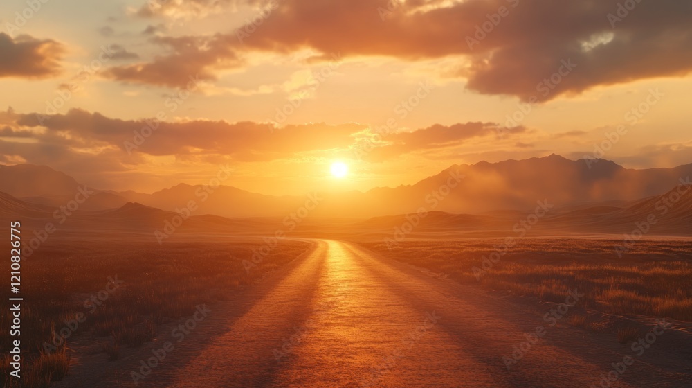 Obraz premium Sunset over an open road, leading into distant mountains, warm golden light, vast sky, cinematic landscape, high resolution