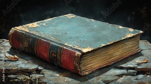 Aged, weathered ancient book with worn leather binding and faded pages rests on vintage stone surface depicting timeworn literary heritage and history photo