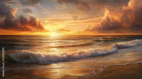 sunset over ocean with dramatic clouds, warm and golden hues, peaceful and tranquil atmosphere, high detail