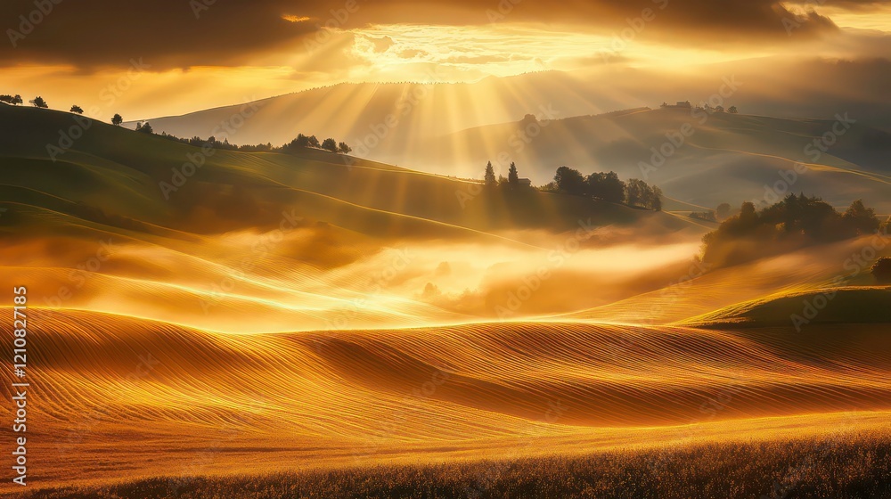 Obraz premium Golden sunrise illuminating rolling hills and fog-covered fields.